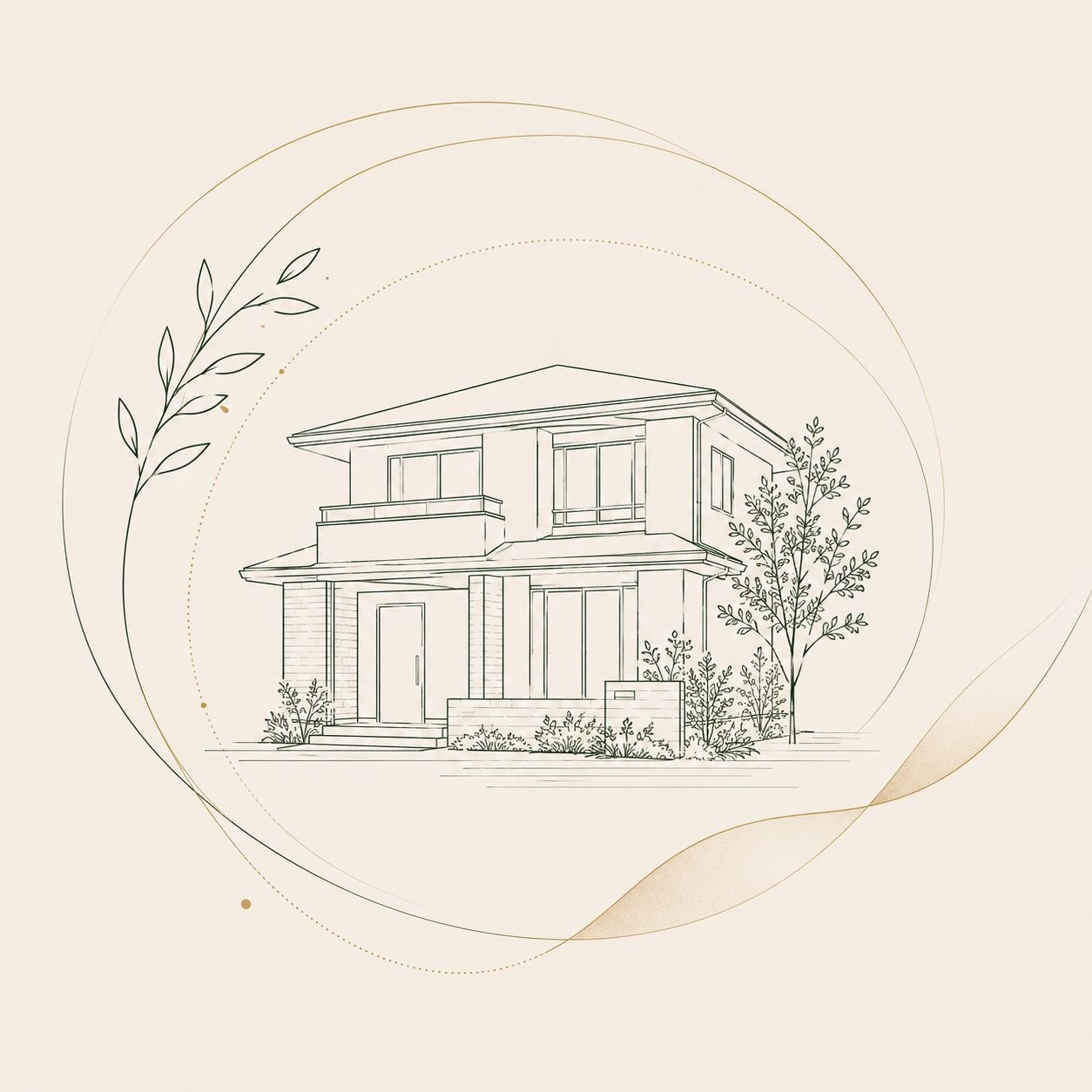 草木に囲まれた二階建て住宅の線画イラスト