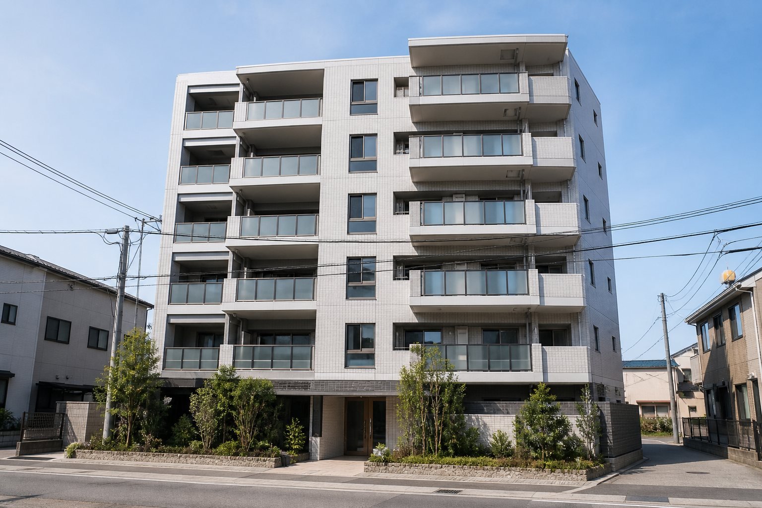 住宅街に建つ新築分譲マンションの外観イメージ