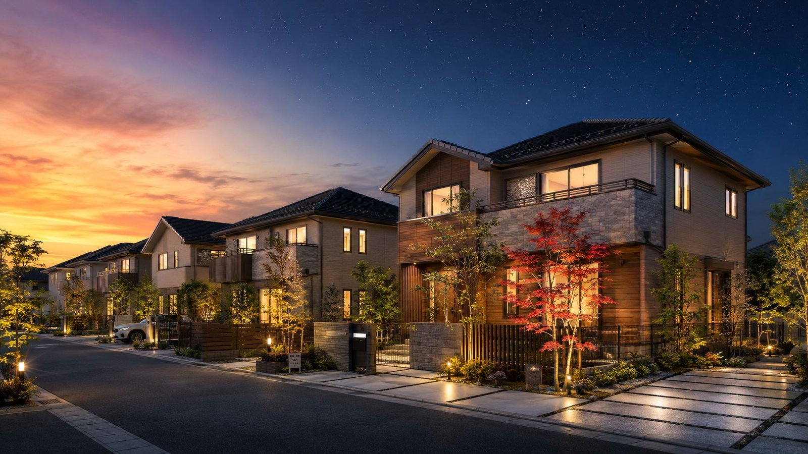 夕景のなかに並ぶ新築分譲住宅の外観イメージ