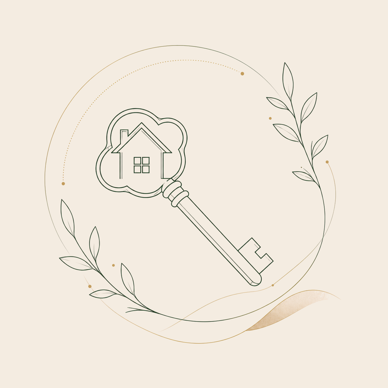 住まい探しを表す鍵と家の線画イラスト
