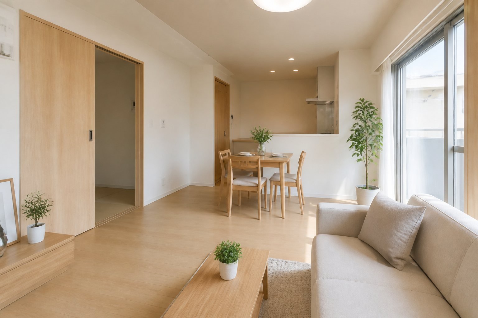 木目の床と自然光が心地よい賃貸マンションのリビング