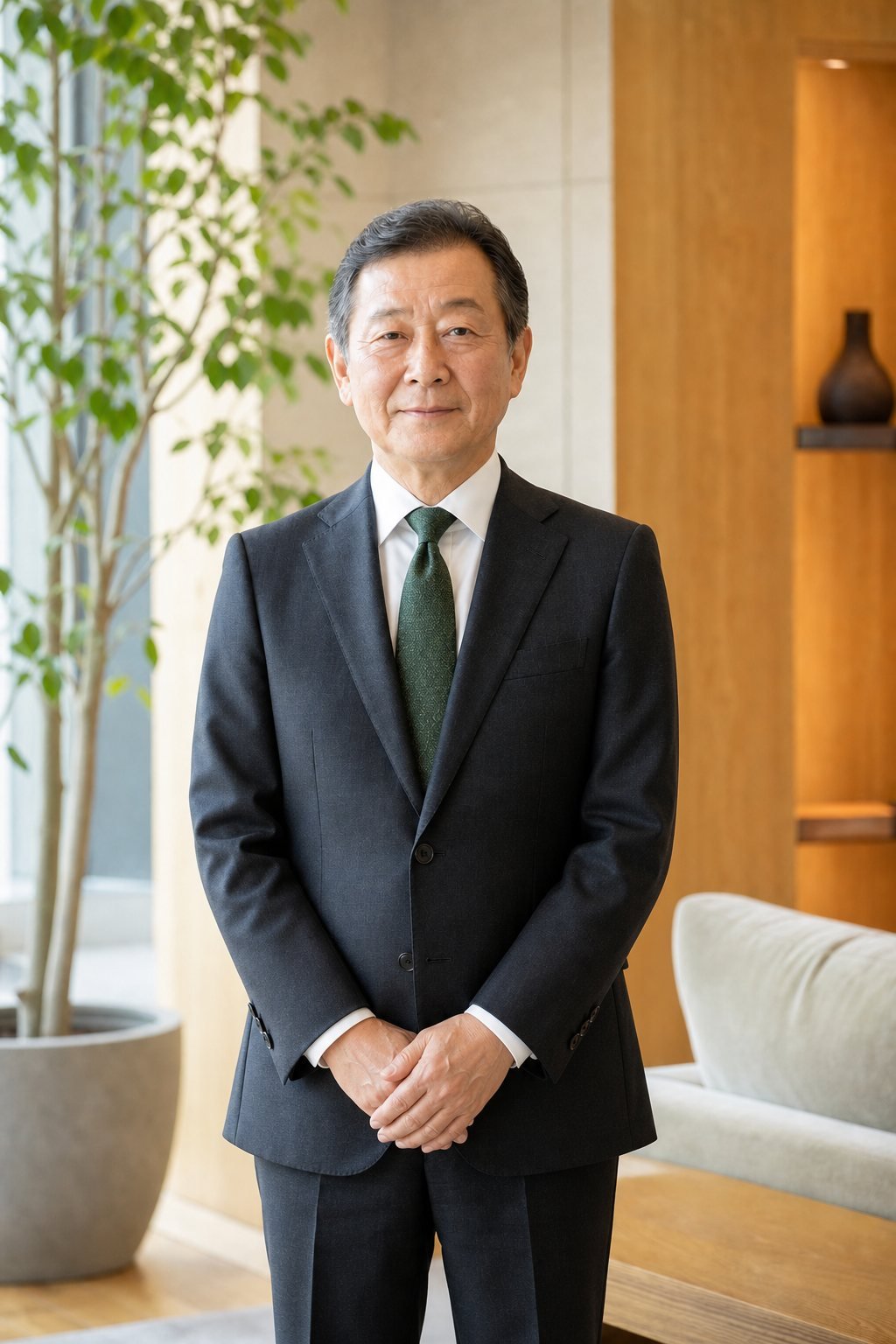 お客さまに向けて穏やかに立つ代表取締役社長のイメージ